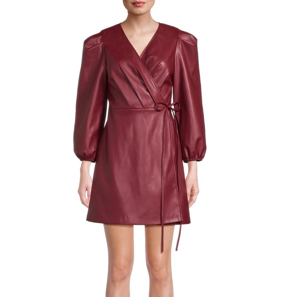 Burgundy Faux Leather Wrap Dress